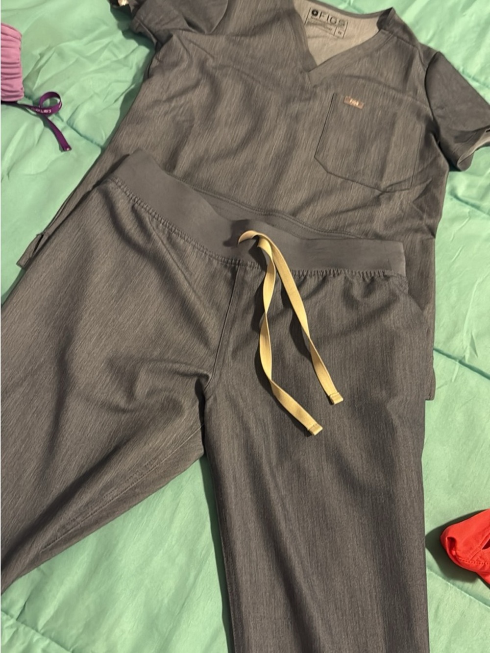 Figs Gray Scrub Set with Yellow Drawcord